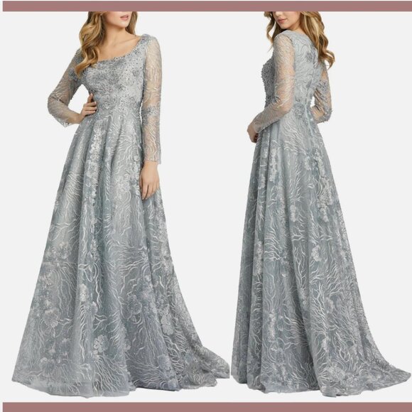 NWT $798 Mac Duggal [ 22 ] Jewel Encrusted Square Neck Ball Gown Dove Grey #Q463 - Picture 1 of 16